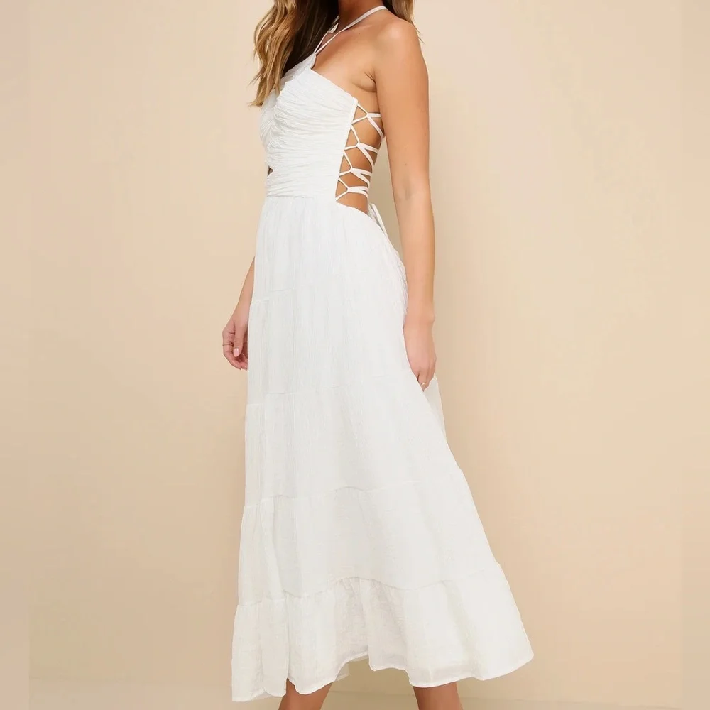Effortless Sweetness White Ruched Lace-Up Tiered Midi Dress - Picture 4 of 8